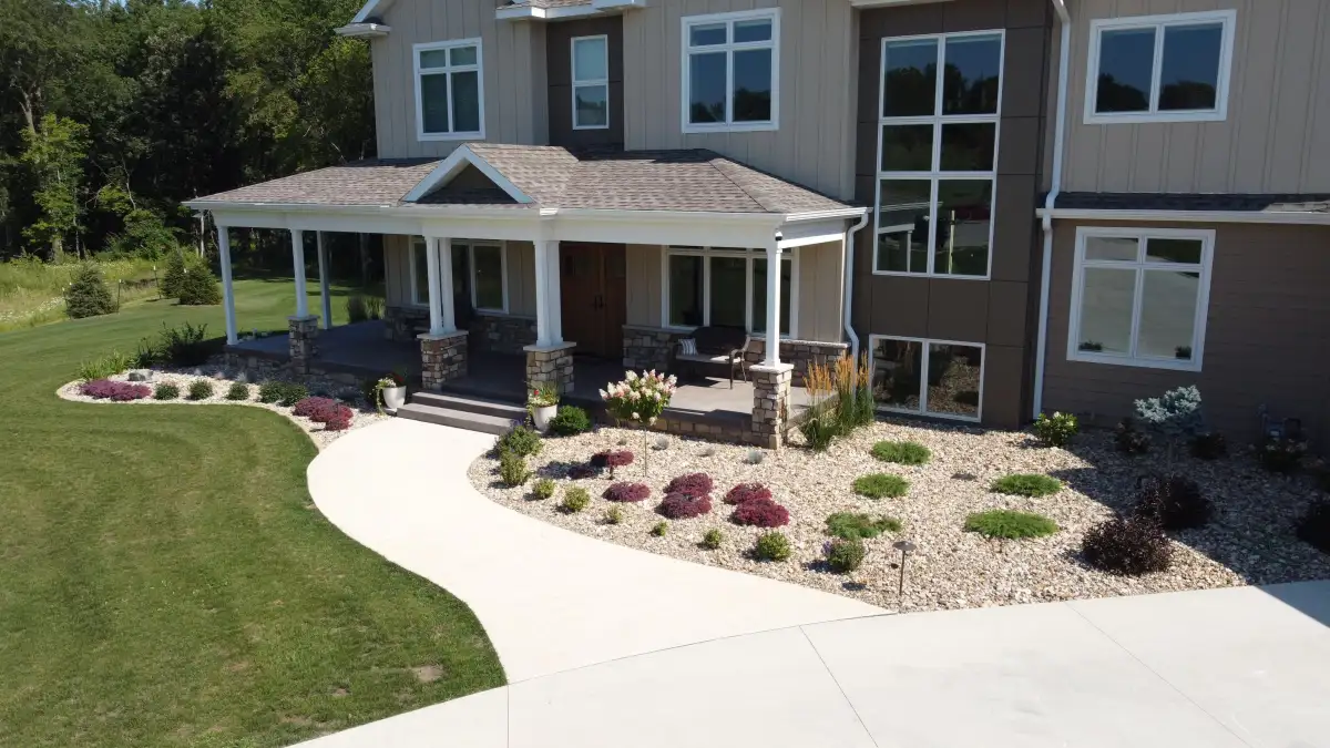 Aerial view of completed patio and landscape project by Matthias Landscaping in Waterloo Iowa