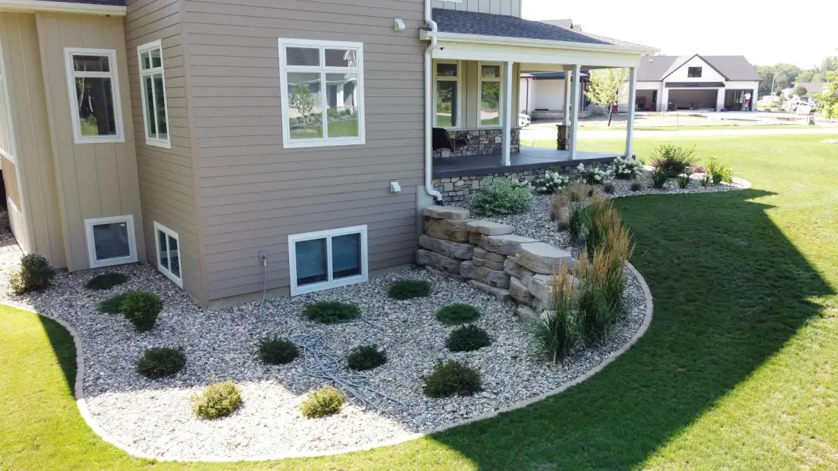 Aerial view of landscaping project on a rural Iowa property