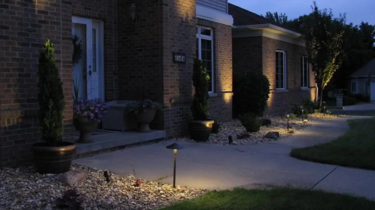 LED landscape lighting illuminating walkway and garden