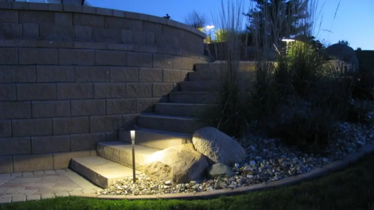 Professional landscape lighting highlighting patio and plantings at night